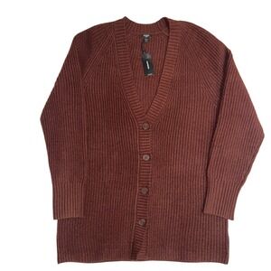 Express London Womens Shaker Stitch Cardigan Brown VNeck Knit Sweater Size M NEW